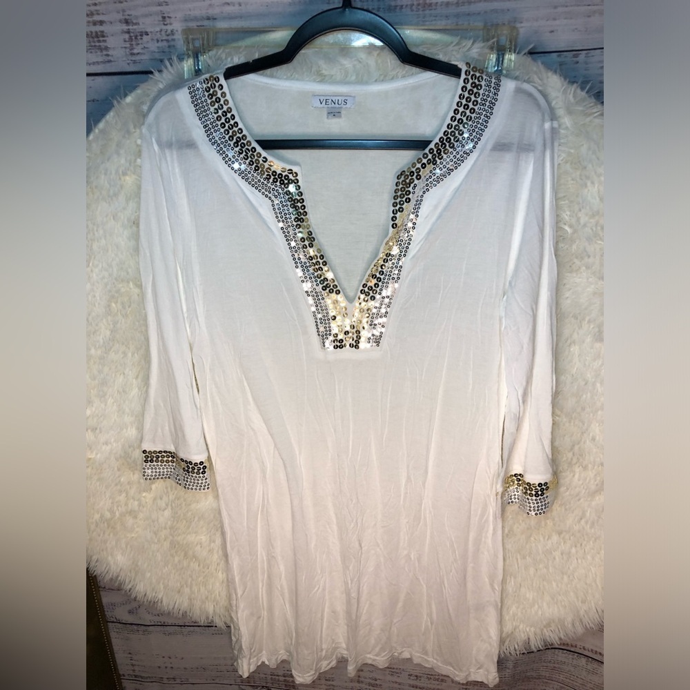 VENUS White Silver Embellished Tunic 3/4 Sleeve Medium NWOT - Picture 7 of 14